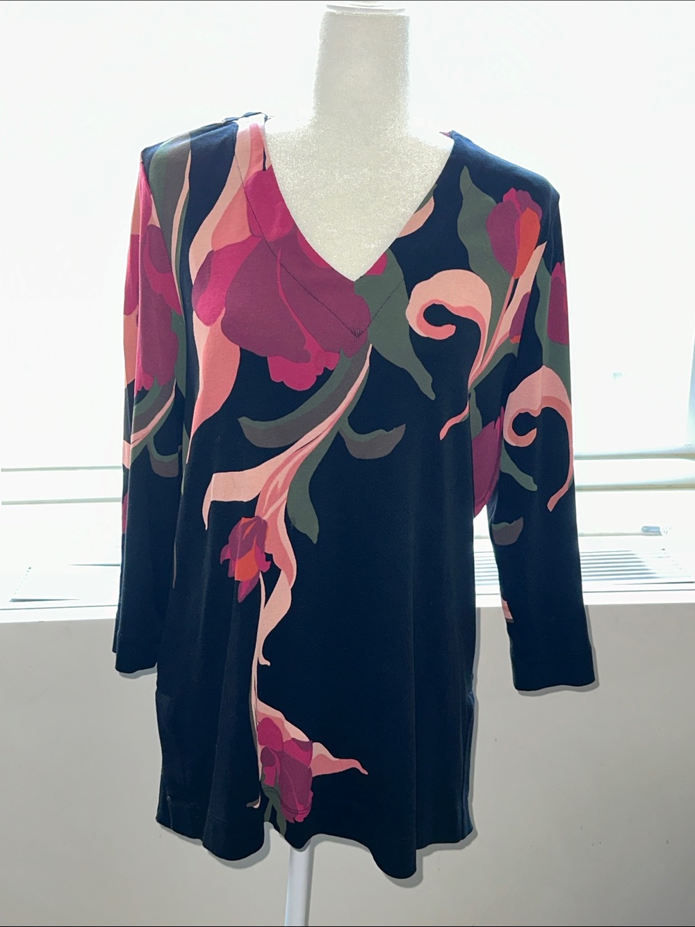 Chico's Black V-Neck Tunic with Pink Floral Swirl - Picture 1 of 5
